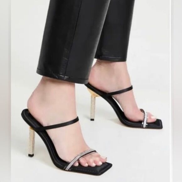 Good American Open Square Toe Rhinestone Strappy Heels Black Satin Size … - Picture 1 of 6